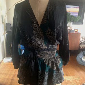 Anthropologie Maple Women's Black/Green Unique Patterned Wrap Silk Blouse